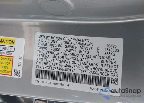 2025 Honda Civic Sport z USA, uszkodzony, nr VIN 2HGFE2F54SH589497